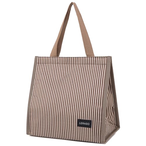 Insulated Lunch Bag for Work, 10.2"x5.9"x10.2" Oxford Waterproof Striped Canvas Tote Bag - color: Pink White