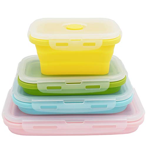Collapsible Silicone Lunch Bento Box, Portable Food Storage Container Outdoor Picnic Box Space Saving, Microwave, Dishwasher and Freezer Safe, 3 Pcs Set (Four Colors Set) - color: Four Colors Set