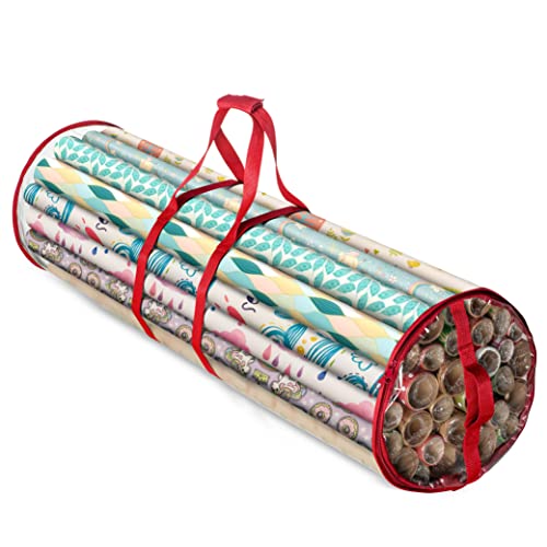ZOBER Round Christmas Gift Wrapping Paper Organizer Storage - 40 Inch Gift Wrap Storage Containers - Wrapping Paper Holder, Clear PVC Waterproof, Fits 25 Standard Rolls - Red - color: Red Transparent