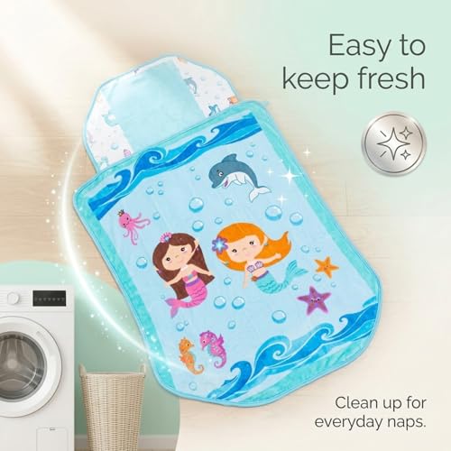 EVERYDAY KIDS Cute Preschooler and Toddler Cot Nap Mat for Home, Daycare, Preschool and Kindergarten; Easy to Roll Sleeping Mat with Elastic Straps, Pillow and Blanket - color: Mermaid Cot Nap Mat
