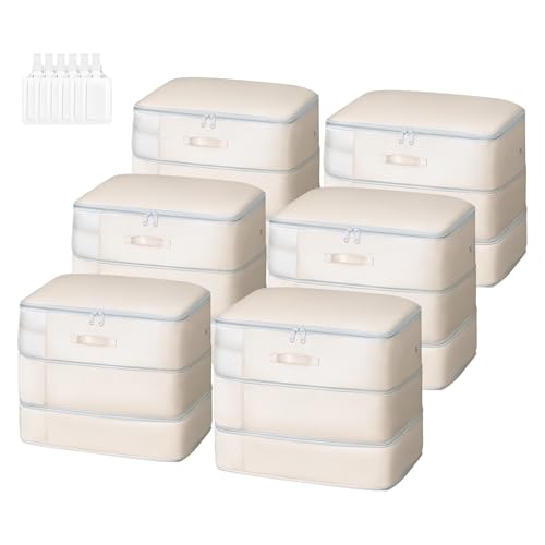DIMJ Comforter Storage Bag - 110L Ultra Space Saving Self Compression Organize 6 Pack for Duvet, Pillow, Bedding, Blanket Storage Organizer Nylon Compression Bags - color: Beige, size: 110L x 6 Pack