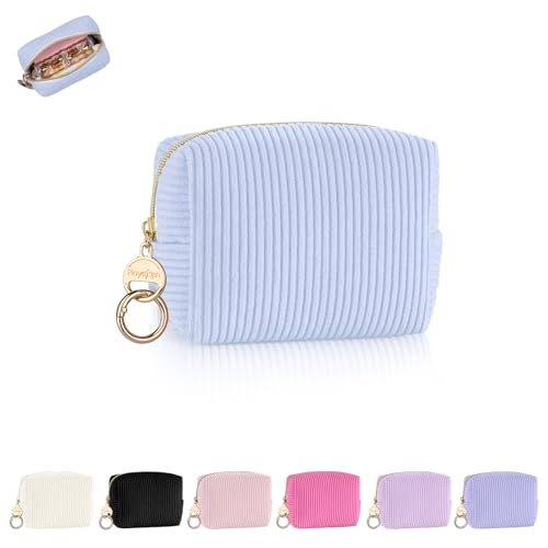 Mini Makeup Bag, Corduroy Small Cosmetic Bag for Purse with Ring Buckle, Portable Travel Makeup Pouch for Lipsticks, Chapsticks, Coin, Earphone, Credit Card (Blue) - color: Blue