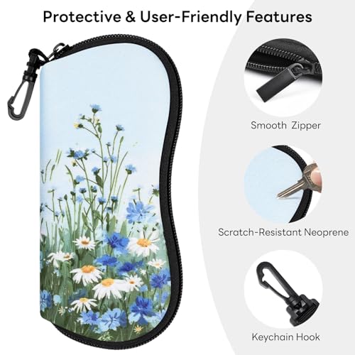 Sunglasses Case with Belt Clip, Ultra Light Neoprene Zipper Soft Padded Glasses Case for Women Men - color: Daisy
