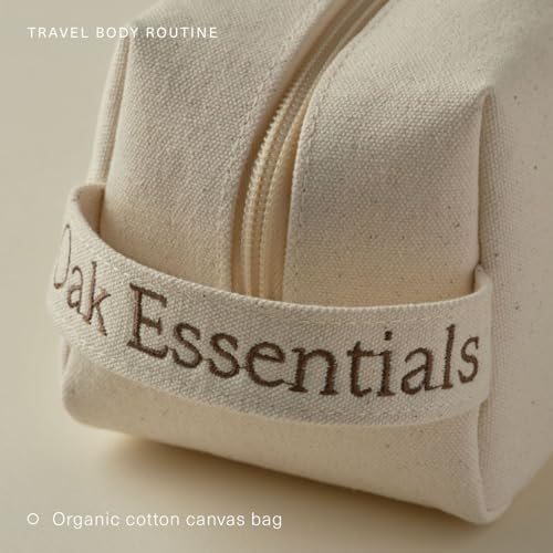 Oak Essentials Travel Body Routine, 5-Piece Body Care Set: Wash, Scrub, Lotion, Oil and Balm, Linen Bag Included, Gift Set for Women, TSA-Friendly Travel Sizes