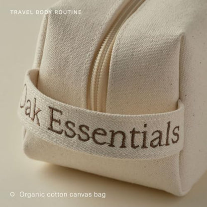 Oak Essentials Travel Body Routine, 5-Piece Body Care Set: Wash, Scrub, Lotion, Oil and Balm, Linen Bag Included, Gift Set for Women, TSA-Friendly Travel Sizes