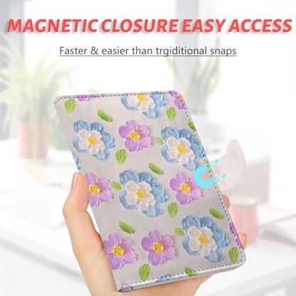 Passport Holder, Travel Wallet Cover with Pen Loop | Cute RFID Blocking Leather Case with Magnetic Closure for Travel Essentials-Flower - color: E-Texture