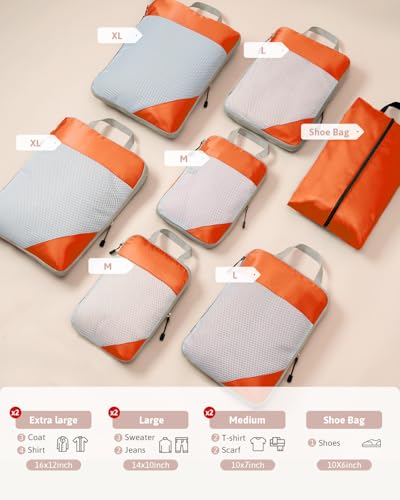 Meowoo 7 Set Compression Packing Cubes for Travel, Durable Ripstop Mesh Suitcase Organizer with Shoe Bag, Ultralight & Expandable Space Saver Travel Cubes - color: Orange