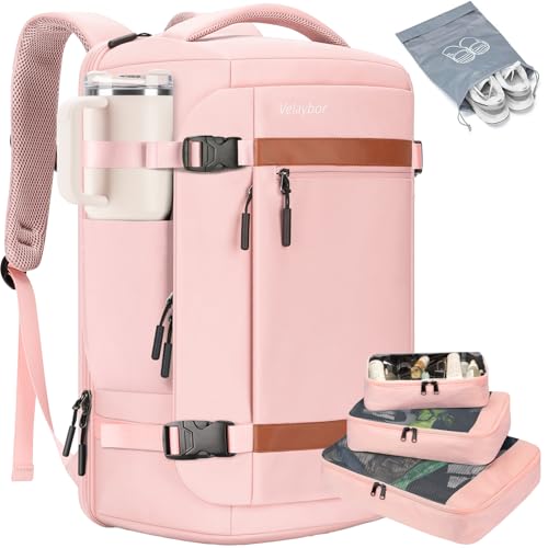 42L Travel Backpack with 4 Packing Cubes, TSA Friendly Flight Approved Carry-On Bag, Water-Resistant Weekender Business Backpack for Men Women, Fits 17.3" Laptop - color: Pink