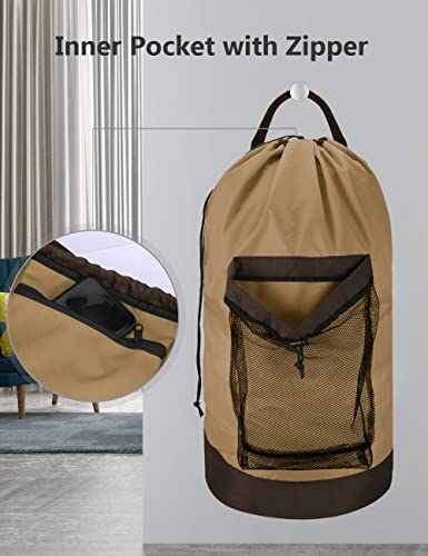 Dalykate Backpack Laundry Bag, Laundry Backpack with Shoulder Straps and Mesh Pocket Durable Nylon Clothes Hamper Bag with Drawstring Closure for College, Travel, Laundromat, Apartment - color: Golden Brown