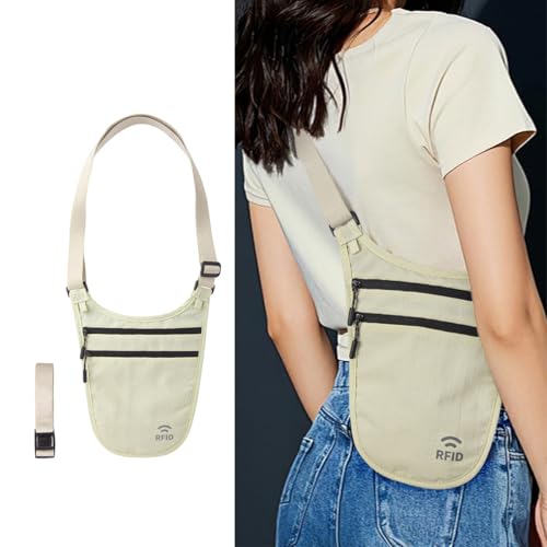 Crossbody Money Belt for Travel Women & Men Hidden, Travel Wallet Pouch - Slim Passport Holde, RFID Blocking Neck Wallet Under Clothes to Protect Cash, Credit Cards and Documents (KHAKI) - color: KHAKI