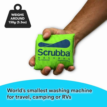 Scrubba Portable Wash Bag Kit (5 Pieces) – Hand Washing Machine System for Hotel, Hiking & Travel Wash – Light and Small Eco-friendly Camping Laundry Bag, Green, Regular Size