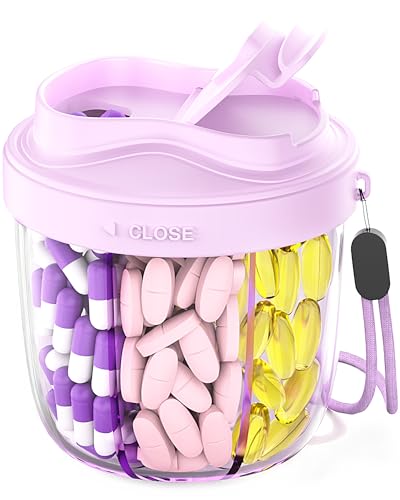 Cute Pill Organizer,Pill Dispenser with 7 Large Compartments,Portable Pill Bottle Box with Wide Opening for Easy Use, Anti-Mix Pills Organizer for Travel,Includes 20 Pcs Sticky Labels（Purple） - color: Purple
