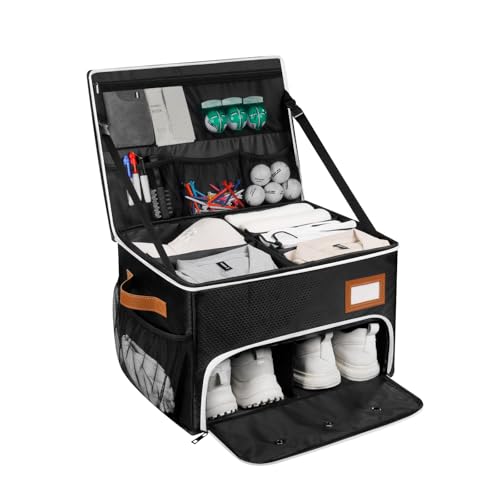 2 Layer Golf Trunk Organizer, Golf Organizer with 2 Pairs Shoes Compartment, Golf Storage Waterproof Car Trunk Locker for Balls, Caps, Clothes, Gloves, Accessories, Gifts for Golfers - color: Black+White