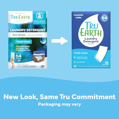 Tru Earth Compact Dry Laundry Detergent Sheets - Up to 64 Loads (32 Sheets) - Paraben-Free - Original Eco-Strip Liquidless Detergen - Fresh Linen | Packaging May Vary - size: 32 Count (Pack of 1)