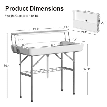 Ice Cooler Table with Drain, Two-Tier Plastic Folding Tables, with Removable Matching Skirt and Shelf, Indoor Outdoor Use for Party Camping Picnic Fishing Cleaning, 440 lbs Capacity - style: Fish cleaning ice table two tier