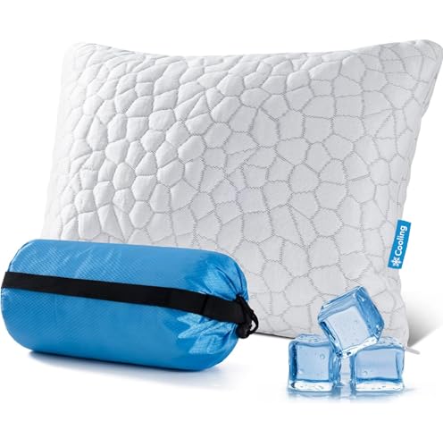 QUTOOL Cooling Pillow for Sleeping, CertiPUR-US Shredded Memory Foam Camping Pillow Set of 1, Backpacking for Hiking Gear, Portable Pillow with Travel Storage Bag, Soft Yet Support,White - color: White-cooling Basic, size: Camping Pillow(Pack of 1)