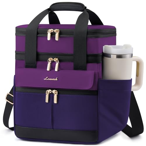 LOVEVOOK Insulated Lunch Bag Women Men,Expandable Double Deck Lunch Box for Women With Large Cup Holder,Leakproof Cooler Bag For Adult Lunch Tote Bag Work Picnic Beach with Adjustable Shoulder Strap - color: Dark Purple with Black, size: Large-15L