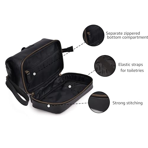 LEATHER VILLAGE Genuine Leather Dopp Kit – Large Travel Toiletry Bag with Waterproof Lining, Dual-Zip Design for Men & Women, Organizer for Shaving, Makeup & Essentials - Black - color: Black
