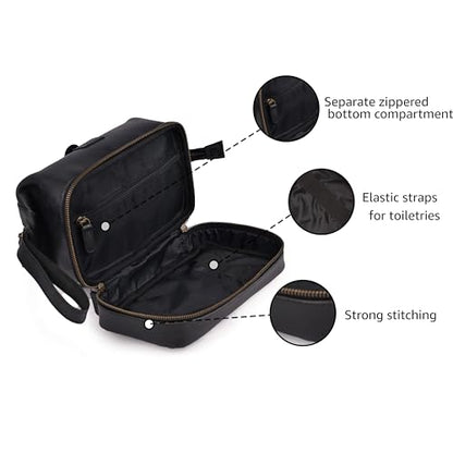 LEATHER VILLAGE Genuine Leather Dopp Kit – Large Travel Toiletry Bag with Waterproof Lining, Dual-Zip Design for Men & Women, Organizer for Shaving, Makeup & Essentials - Black - color: Black