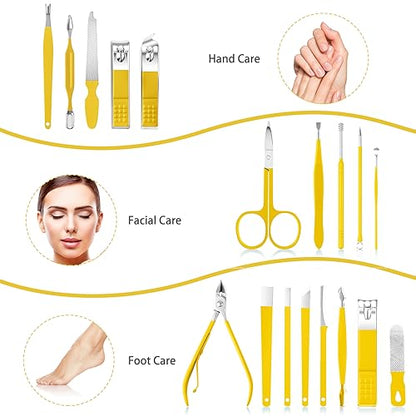 Teamkio 18pcs Manicure Set Pedicure Nail Clippers Set Travel Hygiene Kit Stainless Steel Professional Cutter Care Set Scissor Tweezers Knife Ear Pick Tools Grooming Kits with Leather Case(Yellow） - color: Yellow