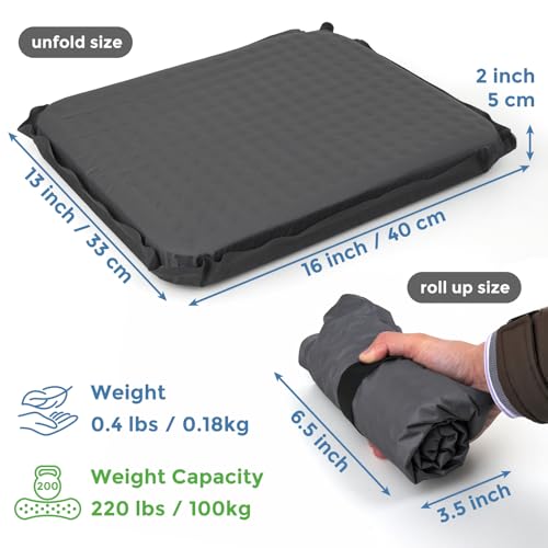 Portable Self-Inflating Stadium Seat Cushion, Memory Foam Sit Pad, Lightweight Travel Seat Pad for Bleachers, Camping, Hiking, Office Chair & Airplane - 16x13 inches Gray