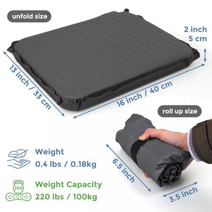 Portable Self-Inflating Stadium Seat Cushion, Memory Foam Sit Pad, Lightweight Travel Seat Pad for Bleachers, Camping, Hiking, Office Chair & Airplane - 16x13 inches Gray
