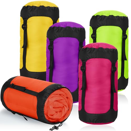 5 Pcs Compression Sacks for Backpacking 20L Camping Sleeping Bag Stuff Sacks for Backpacking Water Resistant Sleeping Bag Storage Sack for Space Saving Hiking Gear - color: Neon Colors