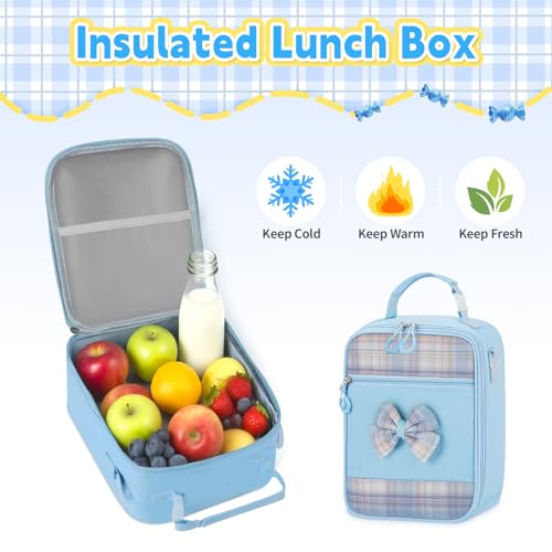 Girls Backpack with Lunch Box Set, 5pc Blue Cute Kawaii Bookbag for Teens, Aesthetic School Backpack for Elementary - color: Blue