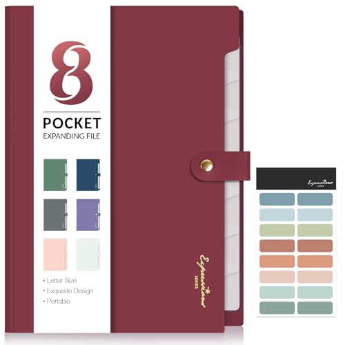 Sooez Elegant Accordion File Organizer with Labels, 8 Pocket Expanding File Folder, Portable Folders for Documents, Cute Paper Organizer for School Office Supplies, Letter Size, Burgundy - color: Burgundy