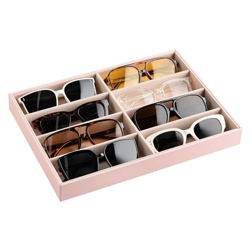 Frebeauty Sunglass Organizer,PU Leather Glasses Organizer,8-Slot Sunglasses Tray,Men's/Women's Sunglasses Box,Sunglass Case,13.3 x 9.6 x 1.5 Inches,Eyeglass/Eyewear Display Tray(Pink) - color: Pink, size: No Lid