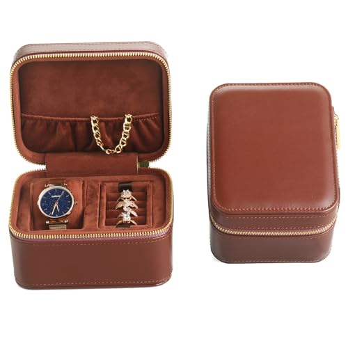 TAIMY Watch Jewelry Travel Case for Men and Women, 1 Slot Watch Pouch with Jewelry Holder, Ring Necklace Earring Organizer for Home Storage, Travel and Display(Brown) - color: Brown