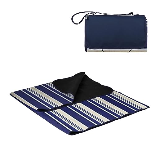 PICNIC TIME Outdoor Picnic Blanket Tote, 59"x51" Foldable Beach & Camping Blanket with Soft Fleece, Water-Resistant Bottom, Adjustable Strap & Zippered Pocket (Blue Stripe, Navy Flap) - color: Blue With Stripes