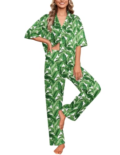 Ekouaer Silk Satin Pajamas Set Women Short Sleeve Pj Sets Button Down Sleepwear 2 Piece Soft Loungewear S-XXL - color: Green Leaves, size: Medium