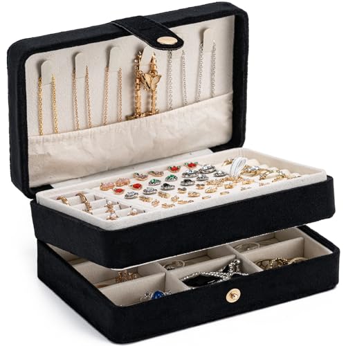 MODENGKONGJIAN Jewelry Organizer Box, 2-Layer Large Jewelry Storage Case, Portable Travel Jewelrys Display Holder for Earrings, Necklaces, Bracelets (Black,Velvet) - color: 2 Layer-Black-Velvet