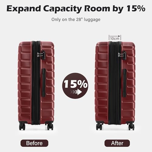 Coolife Luggage Sets, 3 Piece Hard Shell Suitcase Set with Spinner Wheels, Expandable Large Checked Luggage, Lightweight Rolling Carry On with TSA Lock Wine Red - color: wine red, size: 3 Piece Set (20in/24in/28in)