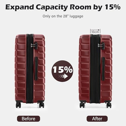Coolife Luggage Sets, 3 Piece Hard Shell Suitcase Set with Spinner Wheels, Expandable Large Checked Luggage, Lightweight Rolling Carry On with TSA Lock Wine Red - color: wine red, size: 3 Piece Set (20in/24in/28in)