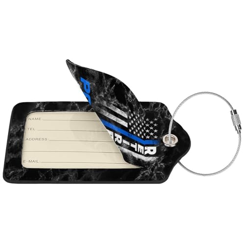 Retired Police Officer Thin Blue Set of 2 Durable Leather Luggage Tags Stylish Travel Gear Men Women
