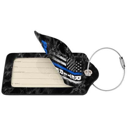 Retired Police Officer Thin Blue Set of 2 Durable Leather Luggage Tags Stylish Travel Gear Men Women