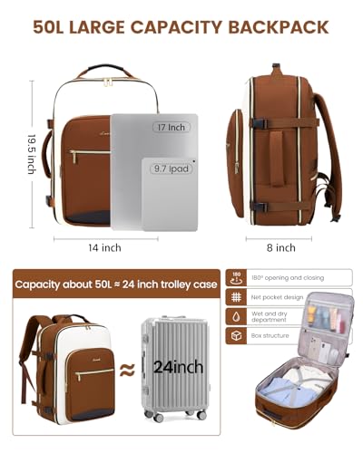 LOVEVOOK 50L Travel Backpack for Women & Men, Airline Approved Carry On Luggage with 3 Packing Cubes, TSA Overnight Bags, Waterproof Personal Item Bag, Weekender Essentials Backpacks fits 17" Laptop - color: Brown-beige-black, size: X-Large