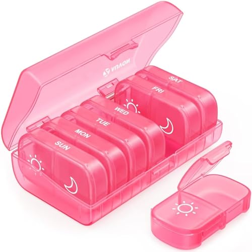 AUVON XL Weekly Pill Organizer 2 Times a Day, AM PM Pill Case with One-Side Large Opening for Easy to Use, Pill Box 7 Day Travel Medication Organizer for Medications, Vitamins, Fish Oils, Supplements - color: A-light Pink