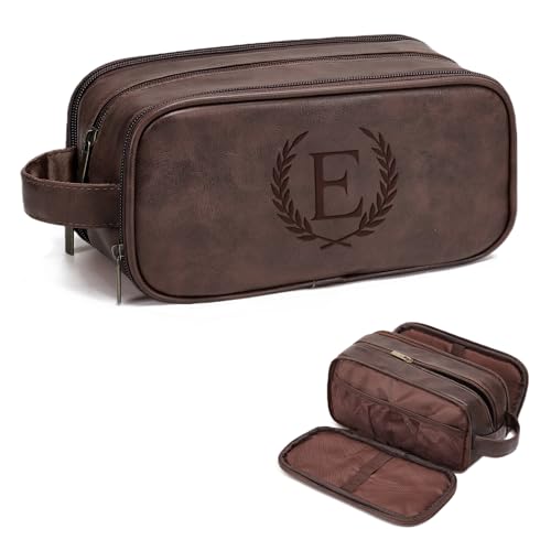 Janhavi Leather Toiletry Bag for Men, Personalized Laser Engraved Initials & Wheat, Toiletry Bag For Shower Caddy, Cruise Ship Essentials, Groomsmen Gifts, Men's Accessories (Medium, Dark Brown, E) - color: Dark Brown, style: E