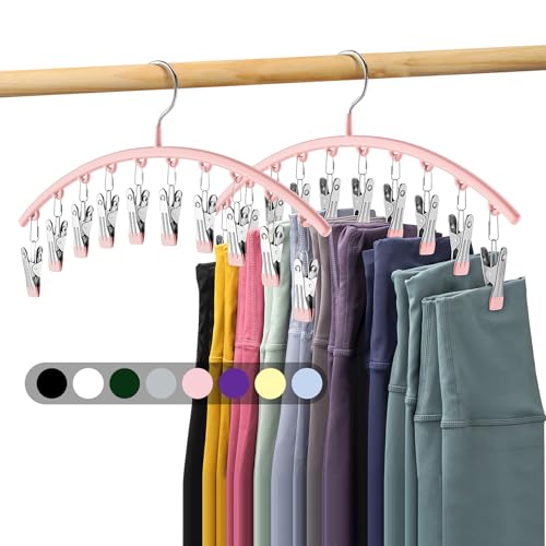 Legging Organizer for Closet, Metal Yoga Pants Hangers 2 Pack w/10 Clips Holds 20 Leggings, Space Saving Hanging Closet Organizer w/Rubber Coated Closet Organizers and Storage, Pink - color: Pink, size: 2 Pack