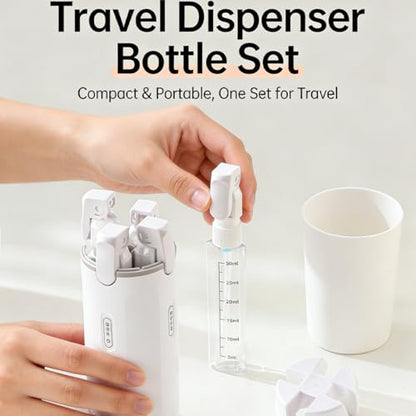 4-in-1 30ML Travel Size Dispenser Toiletries Bottles Set, Leak-Proof Refillable Containers Dispensers Labels Portable Toiletry Organizer Cup for Shampoo, Lotion, Soap Travel Essentials