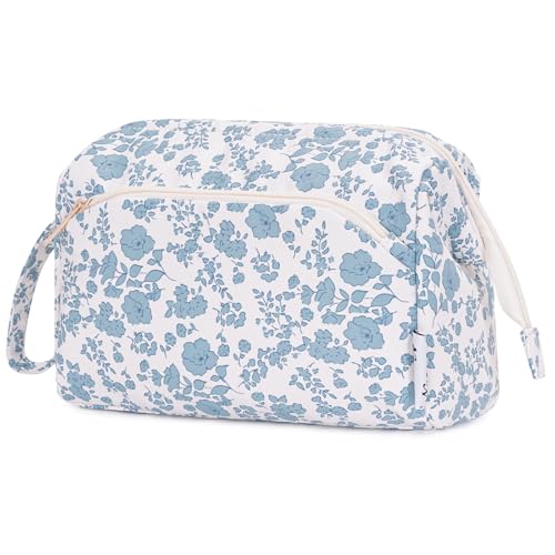 Narwey Cute Floral Makeup Bag Wide-open Make up Bag Travel Cosmetic Organizer Toiletry Bag for Cosmetics Toiletries Accessories (Blue Flower) - color: Y-Blue Flower