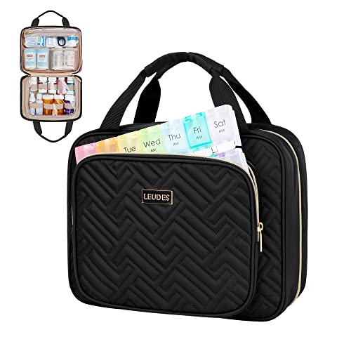 Leudes Travel Pill Bottle Organizer,Medicine Organizer and Storage,Home Medication Bag, Cases,Carrier for Pills,Vitamin,Fish Oil,Supplements for Women and Men (Medium, Black) - color: Black, size: Medium