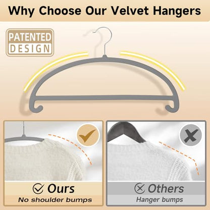 MIZGI 50 Pack Gray Velvet Hangers - No Shoulder Bumps, Heavy Duty Non-Slip Chrome Hooks for Jackets, Coats, Pants - color: Gray/Upgraded