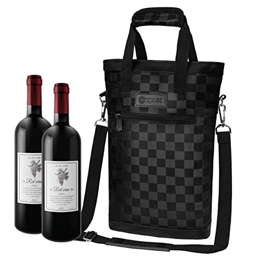 opux Two Bottle Wine Bag Carrier Tote, Insulated Leakproof 2 Bottle Wine Cooler Bag for Travel BYOB Picnic, Portable Wine Case, Gift for Men Women Wine Lover Birthday Party Christmas, Checker Black - color: Black Square
