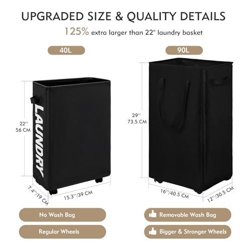 DOKEHOM 90L X-Large Laundry Basket with Removable Wash Bag on Wheels, Collapsible Rolling Laundry Hamper, Foldable Clothes Organizer, Folding Washing Bin (Black) - color: Black, size: X-Large Pro 29"