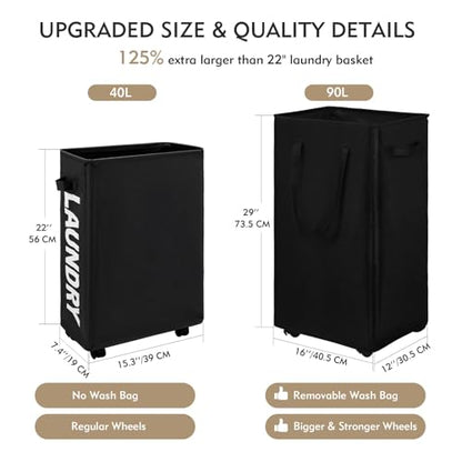 DOKEHOM 90L X-Large Laundry Basket with Removable Wash Bag on Wheels, Collapsible Rolling Laundry Hamper, Foldable Clothes Organizer, Folding Washing Bin (Black) - color: Black, size: X-Large Pro 29"