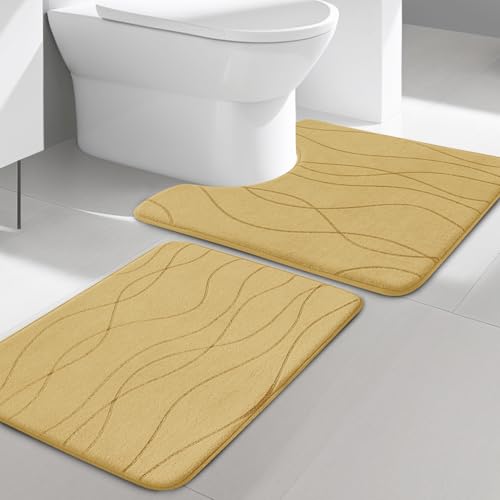 YIHOUSE Memory Foam Bathroom Rug Sets, 2 Piece, Beige-U Shape & Small Mat | Ultra Soft, Absorbent, Non-Slip, Machine Washable - color: Beige, size: 1'5" x 2'